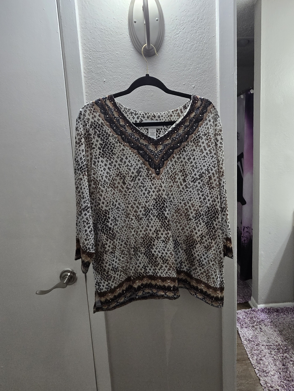 Alfred Dunner White and Brown Printed V-Neck Tunic